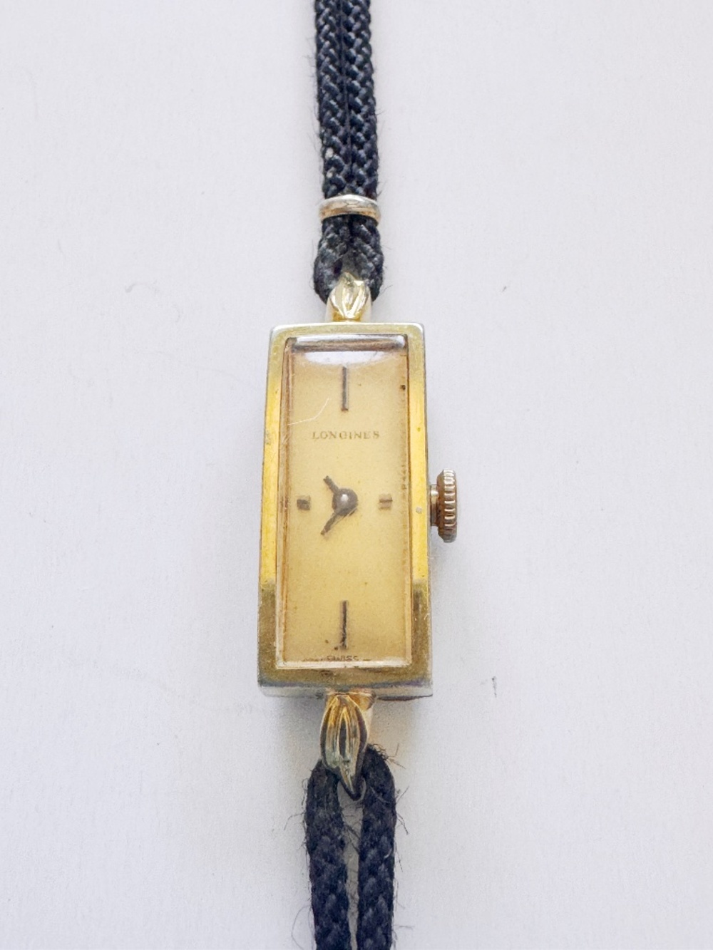 Vintage Longines Swiss Womens Cord Watch 14K GP Rectangular Tank Hand Wind 6.5"⁠